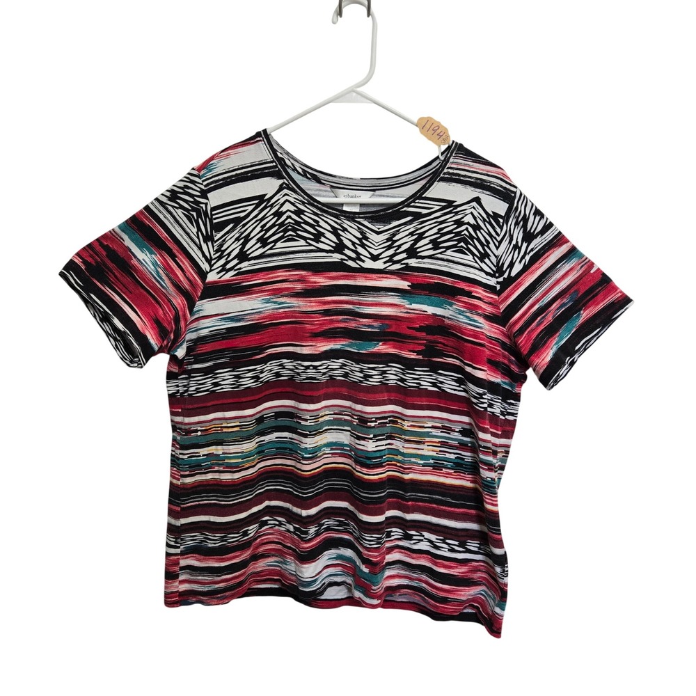 Cj Banks Womens Red Black White Abstract Geometric Stripe Short Sleeve Top XL